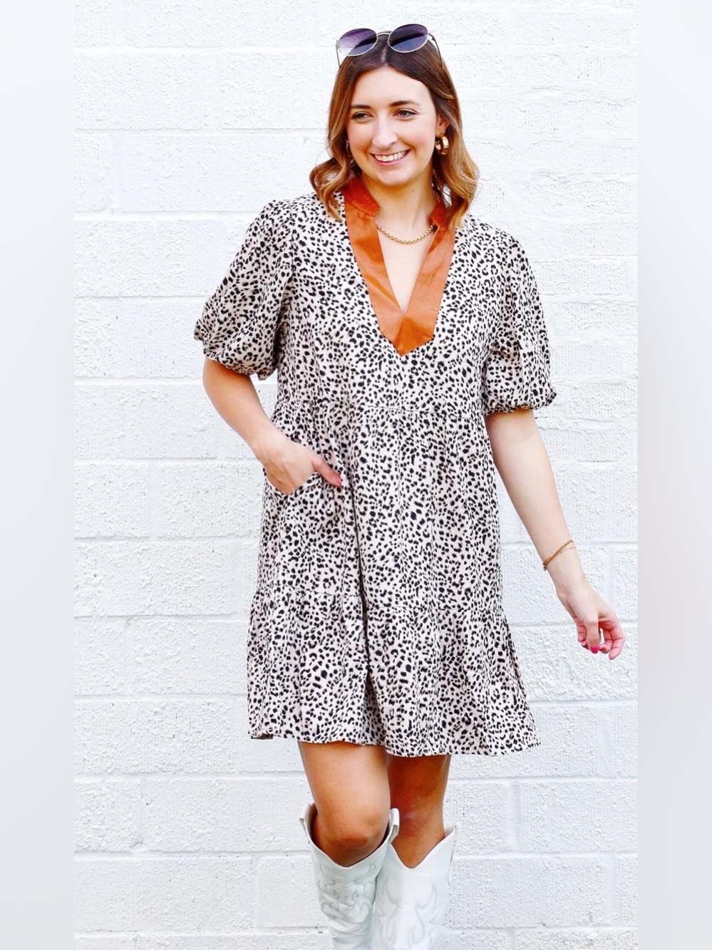 THML Cheetah Spot Puff Sleeve Leopard Trim Dress Size Small
